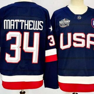 Men's USA #34 Auston Matthews Navy 2025 With C Patch 4 Nations Face-Off Stitched Jersey