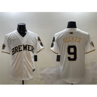 Men's Milwaukee Brewers #9 Bob Uecker White Gold With Home Limited Stitched Baseball Jersey
