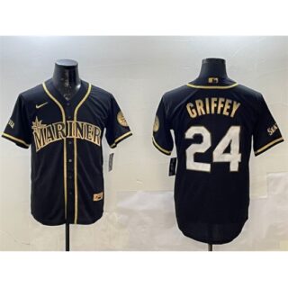 Men's Seattle Mariners #24 Ken Griffey Jr. Black Gold Cool Base Stitched Baseball Jersey