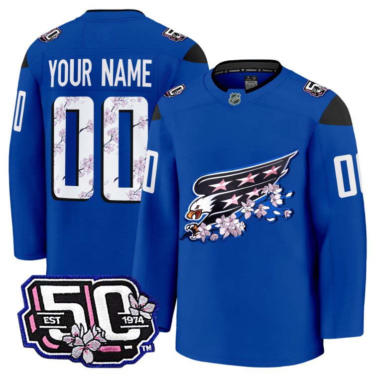 Men's Custom Washington Capitals Jersey 50th Anniversary V2 Cherry Blossom Royal Jerseys
