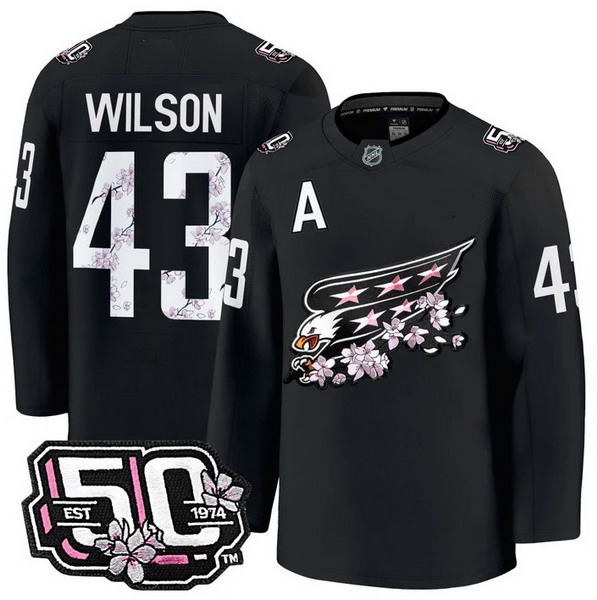Men's Washington Capitals #43 Tom Wilson 50th Anniversary Cherry Blossom Premium Black Jersey - All Stitched