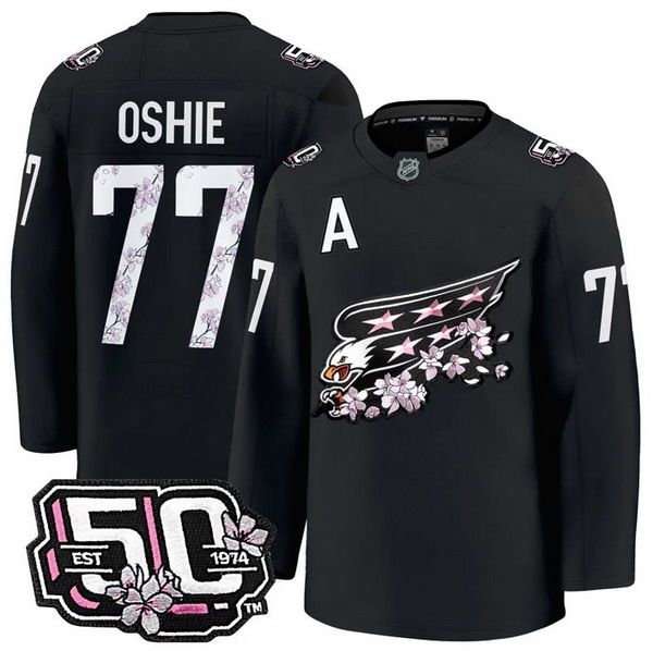 Men's Washington Capitals #77 T.J. Oshie 50th Anniversary Cherry Blossom Premium Black Jersey - All Stitched