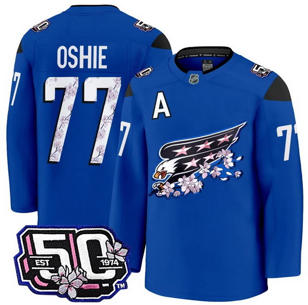Men's Washington Capitals #77 T.J. Oshie 50th Anniversary Cherry Blossom Premium Royal Jersey - All Stitched