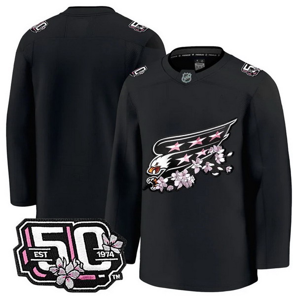 Men's Washington Capitals Team 50th Anniversary Cherry Blossom Premium Black Jersey - All Stitched