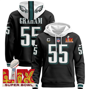 Men's Philadelphia Eagles Super Bowl LIX Patch Pullover Hoodie Black Brandon Graham55