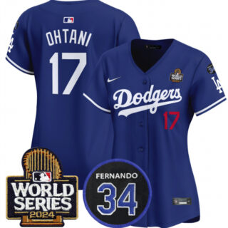 Women's Los Angeles Dodgers #17 Shohei Ohtani Royal 2024 World Series & Fernando Memorial Patch Limited Stitched Baseball Jersey(Run Small)