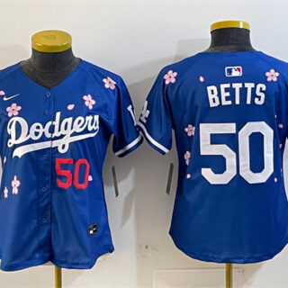 Women's Los Angeles Dodgers #50 Mookie Betts Royal 2025 Tokyo Series Limited Stitched Baseball Jersey(Run Small)
