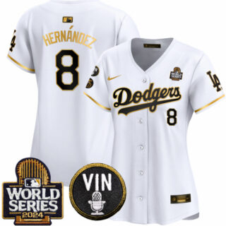 Women's Los Angeles Dodgers #8 Enrique Hernandez White Gold 2024 World Series With Vin & Kobe Patch Limited Stitched Baseball Jersey(Run Small)