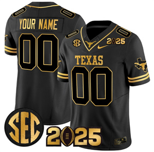 Custom Texas Longhorns 2025 CFP Final Gold Patch Vapor Limited Custom Jersey Black Gold