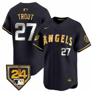 Men's Los Angeles Angels #27 Mike Trout Black Gold 2024 Spring Training Patch Vapor Limited Stitched Baseball Jersey