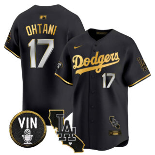 Men's Los Angeles Dodgers #17 Shohei Ohtani Black Gold Vin & California Patch Vapor Limited Stitched Baseball Jersey