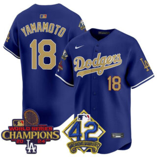 Men's Los Angeles Dodgers #18 Yoshinobu Yamamoto Royal Gold 2024 World Series Champions & #42 Jackie Robinson Patch Vapor Limited Stitched Baseball Jersey