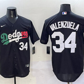 Men's Los Angeles Dodgers #34 Fernando Valenzuela Black Mexico Flag Cool Base Stitched Baseball Jersey