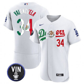 Men's Los Angeles Dodgers #34 Fernando Valenzuela White Mexico Special Vin Scully Patch Flex Base Stitched Baseball Jersey