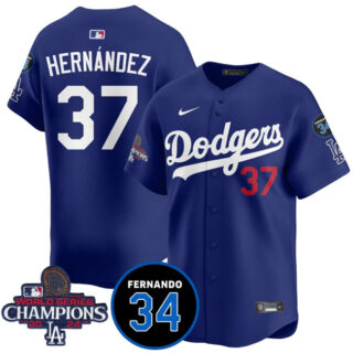 Men's Los Angeles Dodgers #37 Teoscar Hernandez Royal 2024 World Series Champions With Fernando Memorial Patch Vapor Premier Limited Stitched Baseball Jersey