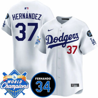 Men's Los Angeles Dodgers #37 Teoscar Hernandez White 2024 World Champions & Fernando Memorial Patch Vapor Premier Home Limited Stitched Baseball Jersey