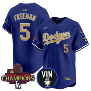 Men's Los Angeles Dodgers #5 Freddie Freeman Royal Gold 2024 World Series Champions With Vin Scully & #34 Fernando Patch Vapor Limited Stitched Baseball Jersey