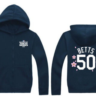 Men's Los Angeles Dodgers #50 Mookie Betts Navy 2025 Tokyo Series Full-Zip Hoodie