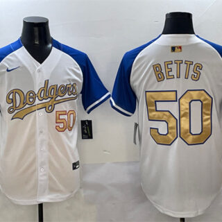 Men's Los Angeles Dodgers #50 Mookie Betts White Royal Gold 2024 World Series Champions Vapor Limited Stitched Baseball Jersey