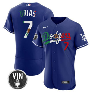 Men's Los Angeles Dodgers #7 Julio Urias Royal Mexico Special Vin Scully Patch Flex Base Stitched Baseball Jersey
