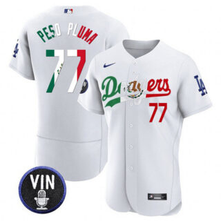 Men's Los Angeles Dodgers #77 Pezo Pluma White Mexico Special Vin Scully Patch Flex Base Stitched Baseball Jersey
