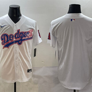 Men's Los Angeles Dodgers Blank White With American Flag Patch Limited Stitched Baseball Jersey