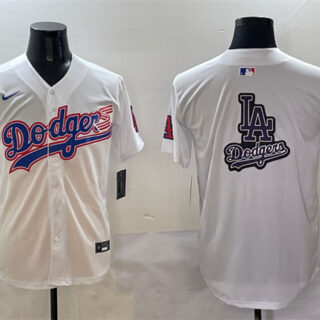 Men's Los Angeles Dodgers Team Big Logo White With American Flag Patch Limited Stitched Baseball Jersey 1