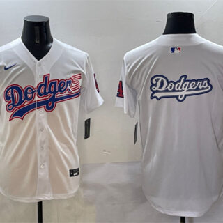 Men's Los Angeles Dodgers Team Big Logo White With American Flag Patch Limited Stitched Baseball Jersey 2