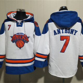 Men's New Yok Knicks #7 Carmelo Anthony White Lace-Up Pullover Hoodie