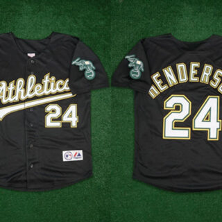 Men's Oakland Athletics #24 Rickey Henderson Black Team Patch Stitched Jersey