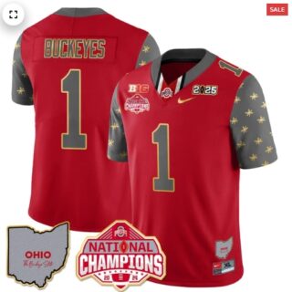 Men's Ohio State Buckeyes 2024 National Champions Limited Gold Jersey N1 Red #1 Buckeyes
