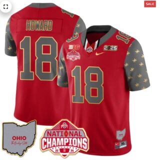 Men's Ohio State Buckeyes 2024 National Champions Limited Gold Jersey N1 Red Will Howard 18