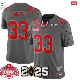 Men's Ohio State Buckeyes 2024 National Champions Limited Jersey N2 Gray Jack Sawyer 33