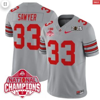 Men's Ohio State Buckeyes 'Heritage Stripe' 2025 CFP Patch National Champions Jersey All GRAY Jack Sawyer 33