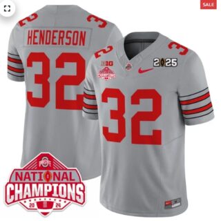 Men's Ohio State Buckeyes 'Heritage Stripe' 2025 CFP Patch National Champions Jersey All GRAY Treveyon Henderson 32