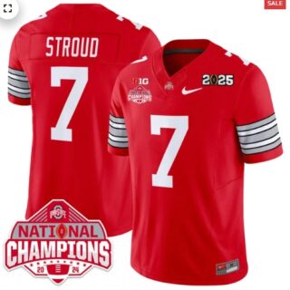 Men's Ohio State Buckeyes 'Heritage Stripe' 2025 CFP Patch National Champions Jersey RED C J Stroud 7