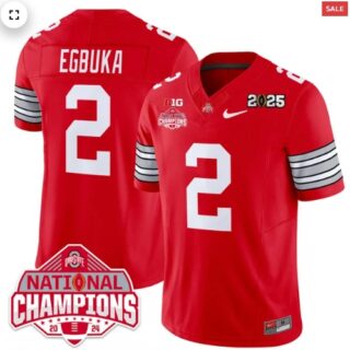 Men's Ohio State Buckeyes 'Heritage Stripe' 2025 CFP Patch National Champions Jersey RED Emeka Egbuka 2