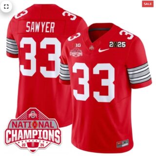 Men's Ohio State Buckeyes 'Heritage Stripe' 2025 CFP Patch National Champions Jersey RED Jack Sawyer 33