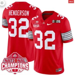 Men's Ohio State Buckeyes 'Heritage Stripe' 2025 CFP Patch National Champions Jersey RED Treveyon Henderson 32