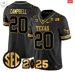 Men's Texas Longhorns 2025 CFP Final Gold Patch Vapor Limited Jersey Black Gold Earl Campbell