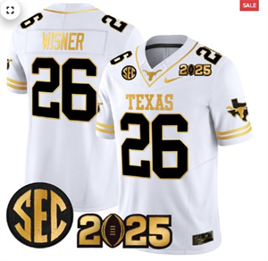Men's Texas Longhorns 2025 CFP Final Gold Patch Vapor Limited Jersey White Gold Quintrevion Wisner 26