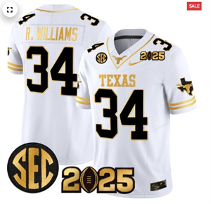 Men's Texas Longhorns 2025 CFP Final Gold Patch Vapor Limited Jersey White Gold Ricky Williams 34