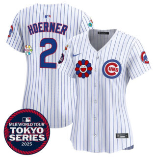 Women's Chicago Cubs #2 Nico Hoerner White 2025 Tokyo Series Limited Stitched Baseball Jersey(Run Small)