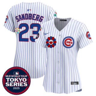 Women's Chicago Cubs #23 Ryne Sandberg White 2025 Tokyo Series Limited Stitched Baseball Jersey(Run Small)