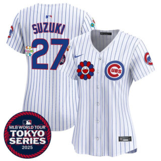 Women's Chicago Cubs #27 Seiya Suzuki White 2025 Tokyo Series Limited Stitched Baseball Jersey(Run Small)