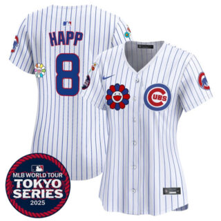 Women's Chicago Cubs #8 Ian Happ White 2025 Tokyo Series Limited Stitched Baseball Jersey(Run Small)