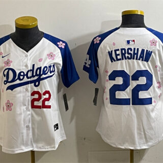 Women's Los Angeles Dodgers #22 Clayton Kershaw White Royal 2025 Tokyo Series Limited Stitched Baseball Jersey(Run Small)