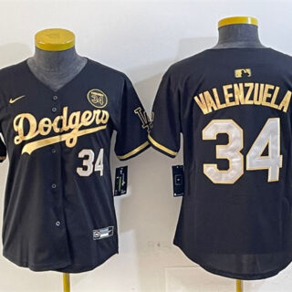 Women's Los Angeles Dodgers #34 Fernando Valenzuela Black Gold 2024 World Series With Fernando Patch Vapor Limited Stitched Baseball Jersey(Run Small)