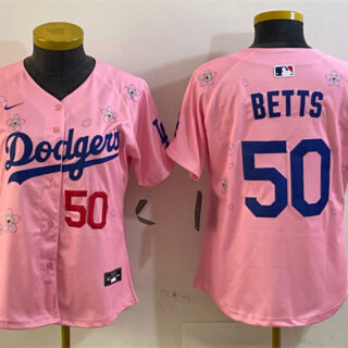 Women's Los Angeles Dodgers #50 Mookie Betts Pink 2025 Tokyo Series Limited Stitched Baseball Jersey(Run Small)
