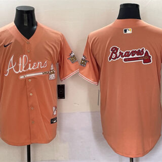 Men's Atlanta Braves Team Big Logo Peach 2024 Atliens & Peach With Outkast Patch Vapor Limited Stitched Baseball Jersey
